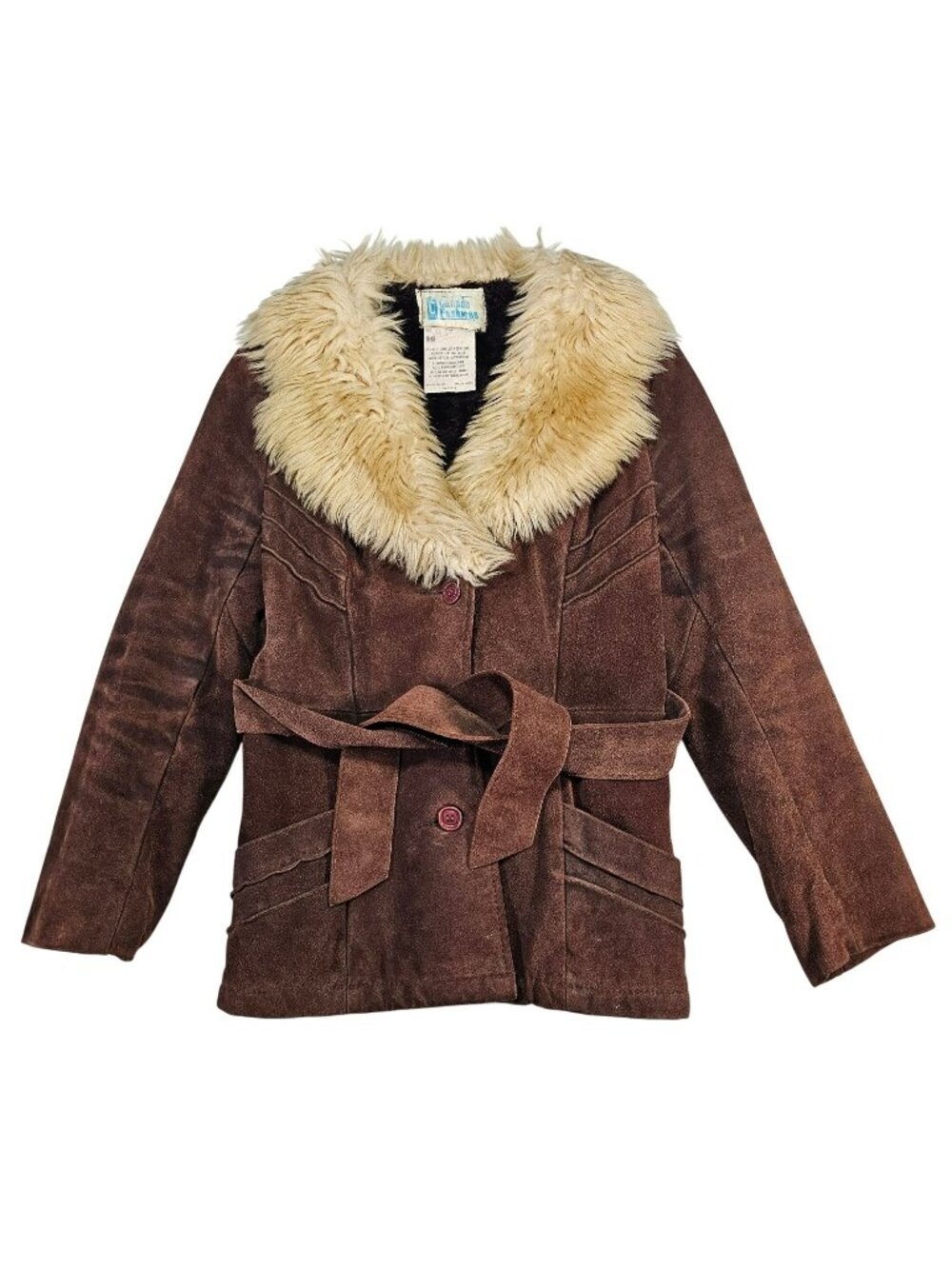 Canada Fashions Vtg Belted Suede Jacket Women's Size 11-12 Brown Faux Fur Collar